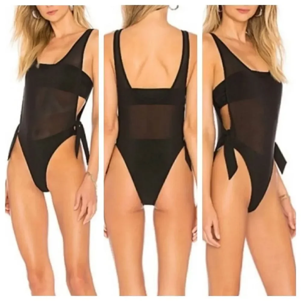KENDALL & KYLIE SIDE TIE BLACK TWO LAYER MESH ONE PIECE Swimsuit Size Xlarge